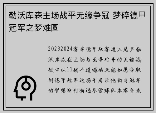 勒沃库森主场战平无缘争冠 梦碎德甲冠军之梦难圆