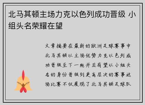 北马其顿主场力克以色列成功晋级 小组头名荣耀在望