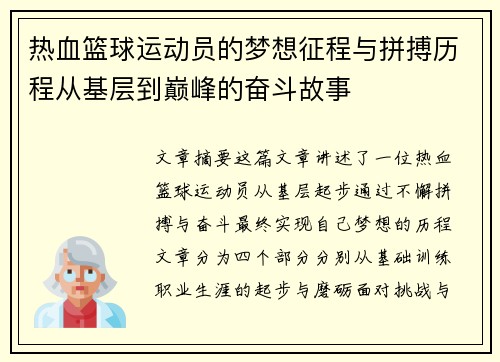 热血篮球运动员的梦想征程与拼搏历程从基层到巅峰的奋斗故事